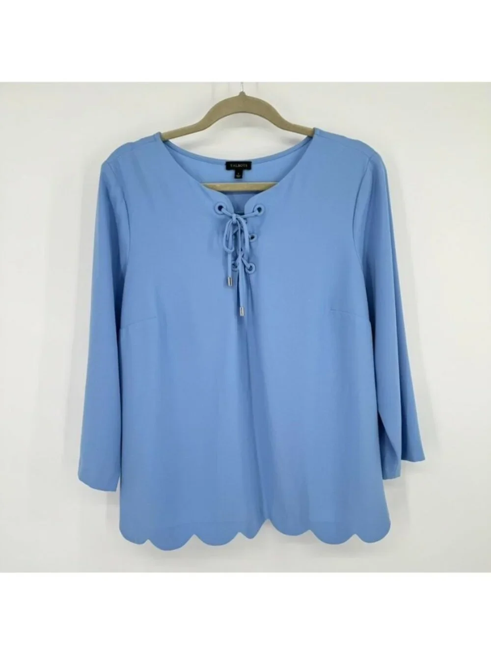 Talbots Blue Lace Up Scallop Hem Blouse Size Large Womens Top 3/4 sleeve